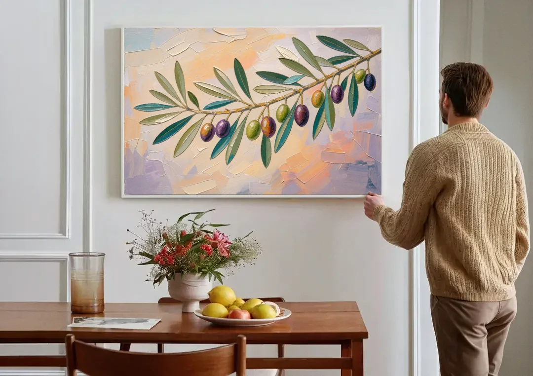 Olive Branch Painting in Pastel Light canvas wall art above a dining table
