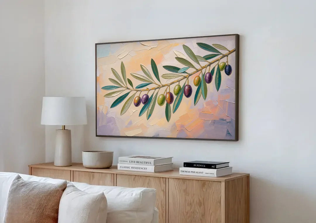 Olive Branch Painting in Pastel Light canvas wall art above a wooden sideboard next to a sofa
