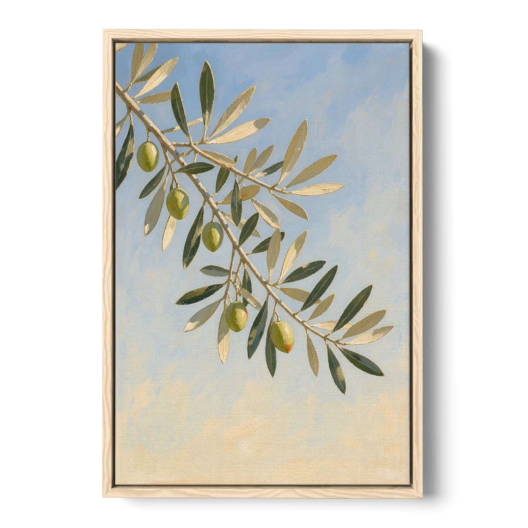 Olive Branch Under Sunny Sky for the Kitchen - Oak Framed Canvas Wall Art - Front