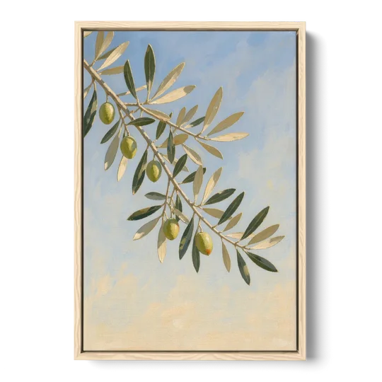 Olive Branch Under Sunny Sky for the Kitchen - Oak Framed Canvas Wall Art - Front