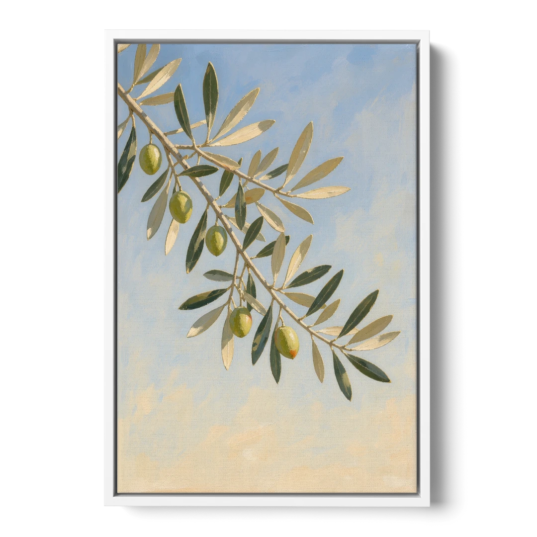 Olive Branch Under Sunny Sky for the Kitchen - White Framed Canvas Wall Art - Front