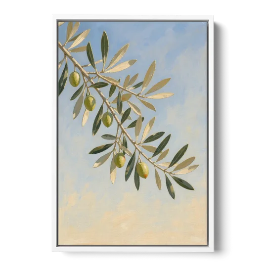 Olive Branch Under Sunny Sky for the Kitchen - White Framed Canvas Wall Art - Front