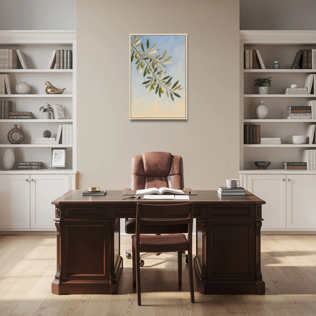 Olive Branch Under Sunny Sky for the Kitchen - Oak Framed Canvas Wall Art - Office - 24x36