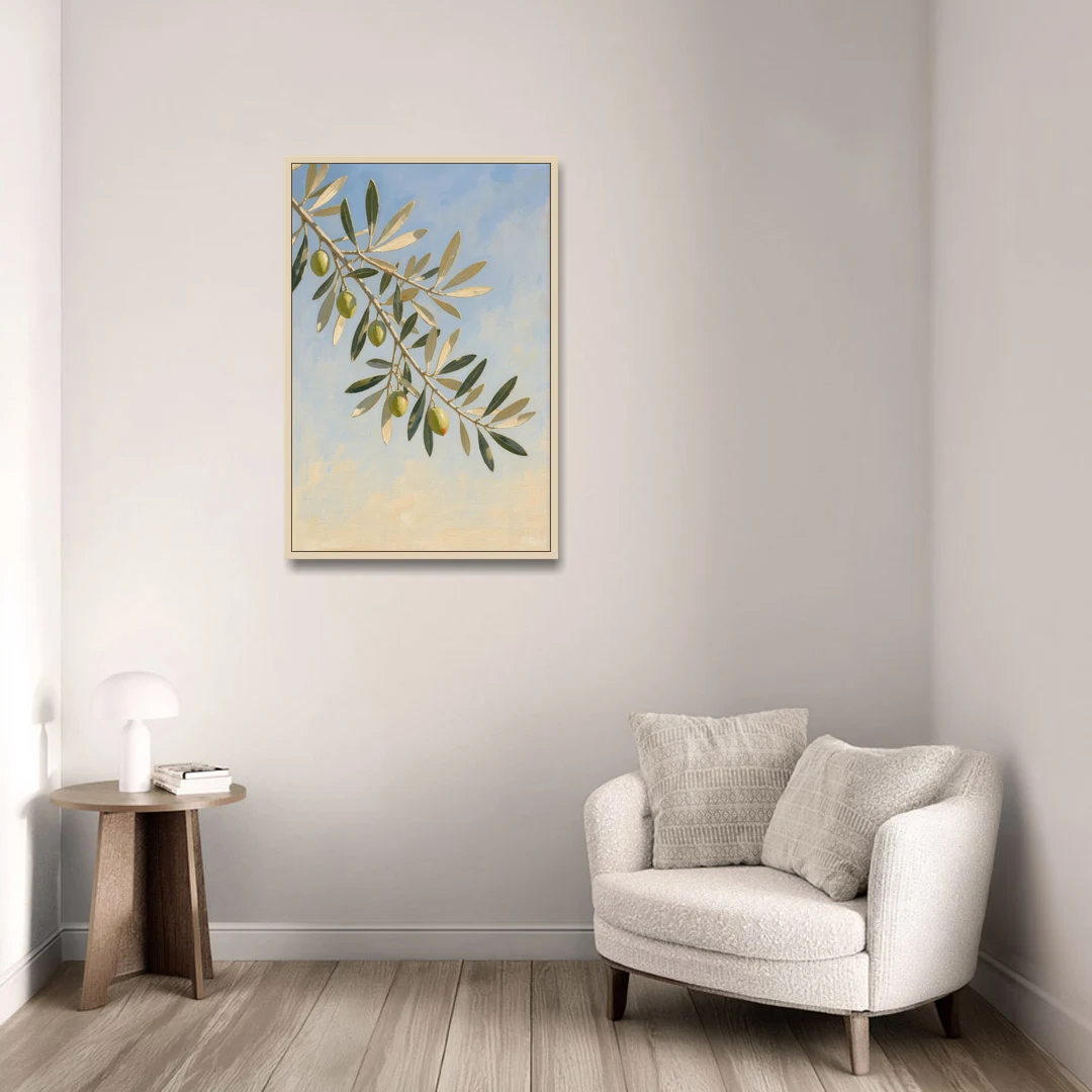 Olive Branch Under Sunny Sky for the Kitchen - Oak Framed Canvas Wall Art - Sofa - 24x36