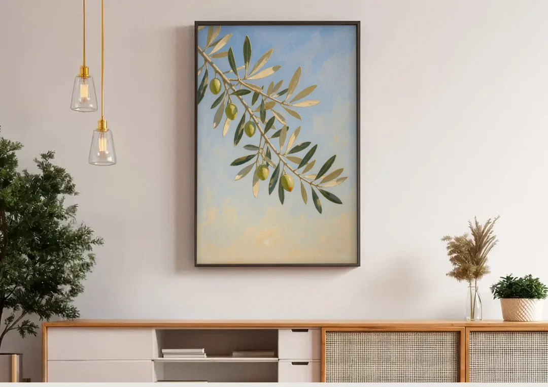 Olive Branch Under Sunny Sky for the Kitchen canvas wall art above a wooden sideboard under pendant lights