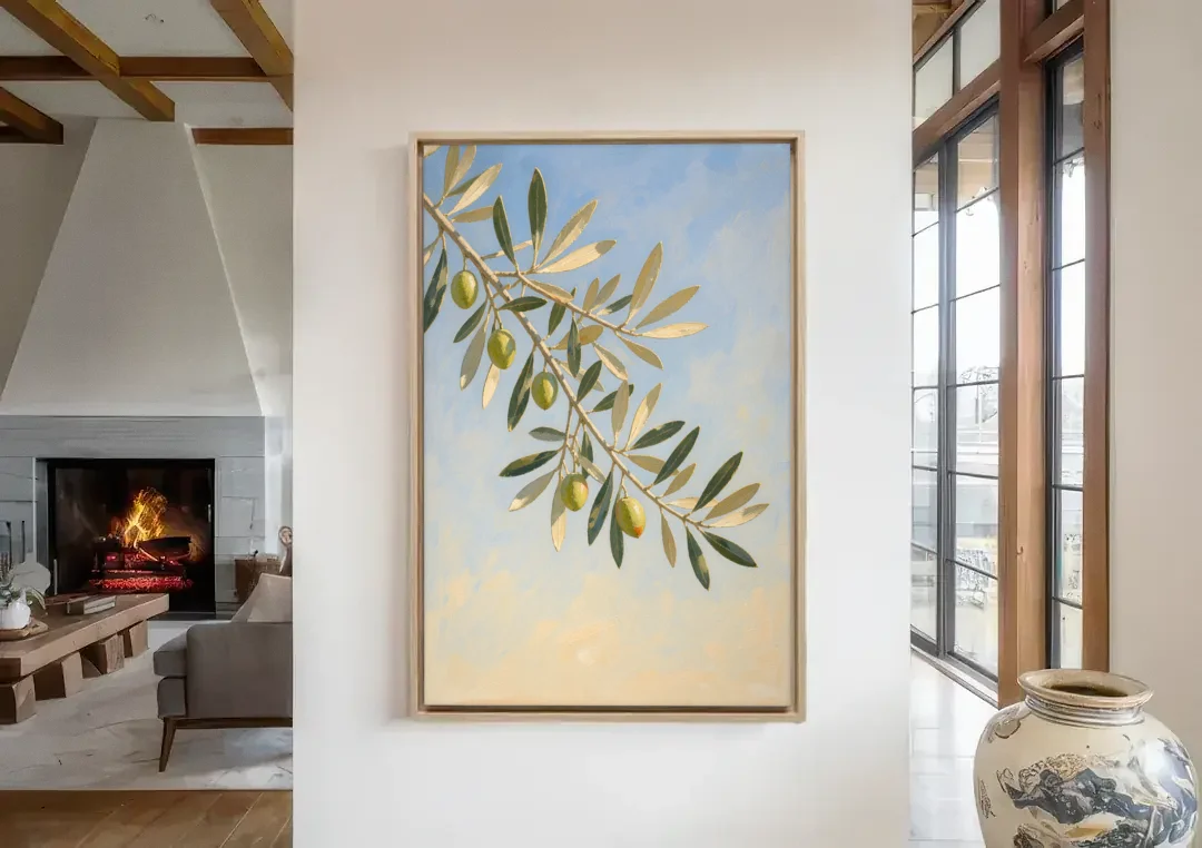 Olive Branch Under Sunny Sky for the Kitchen canvas wall art in a living room with a fireplace