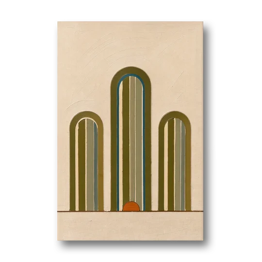 Olive Green Wall Art with Three Striped Arches - Canvas Wall Art - Front