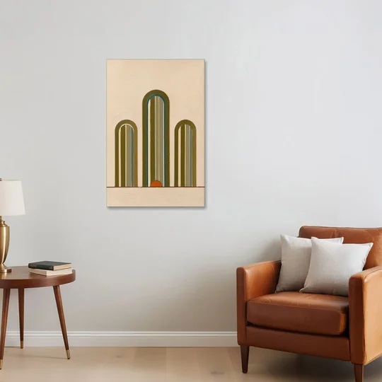 Olive Green Wall Art with Three Striped Arches - Canvas Wall Art - Sofa - 24x36