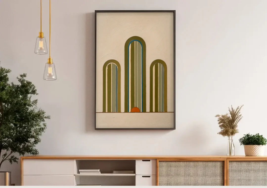Olive Green Wall Art with Three Striped Arches canvas wall art above a wooden sideboard under pendant lights
