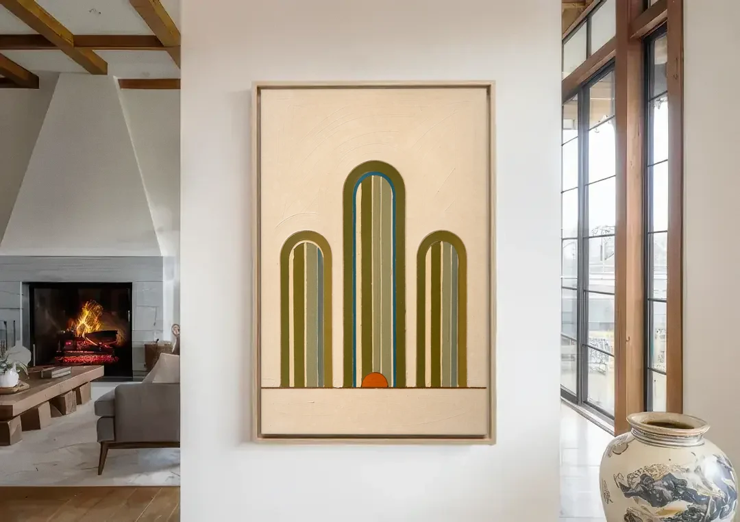 Olive Green Wall Art with Three Striped Arches canvas wall art in a living room with a fireplace