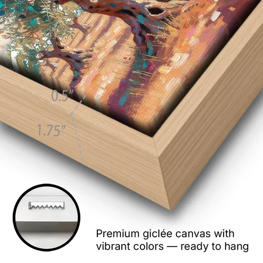 Olive Grove Painting in Late Afternoon - Oak Framed Canvas Wall Art - Gallery Wrap Corner