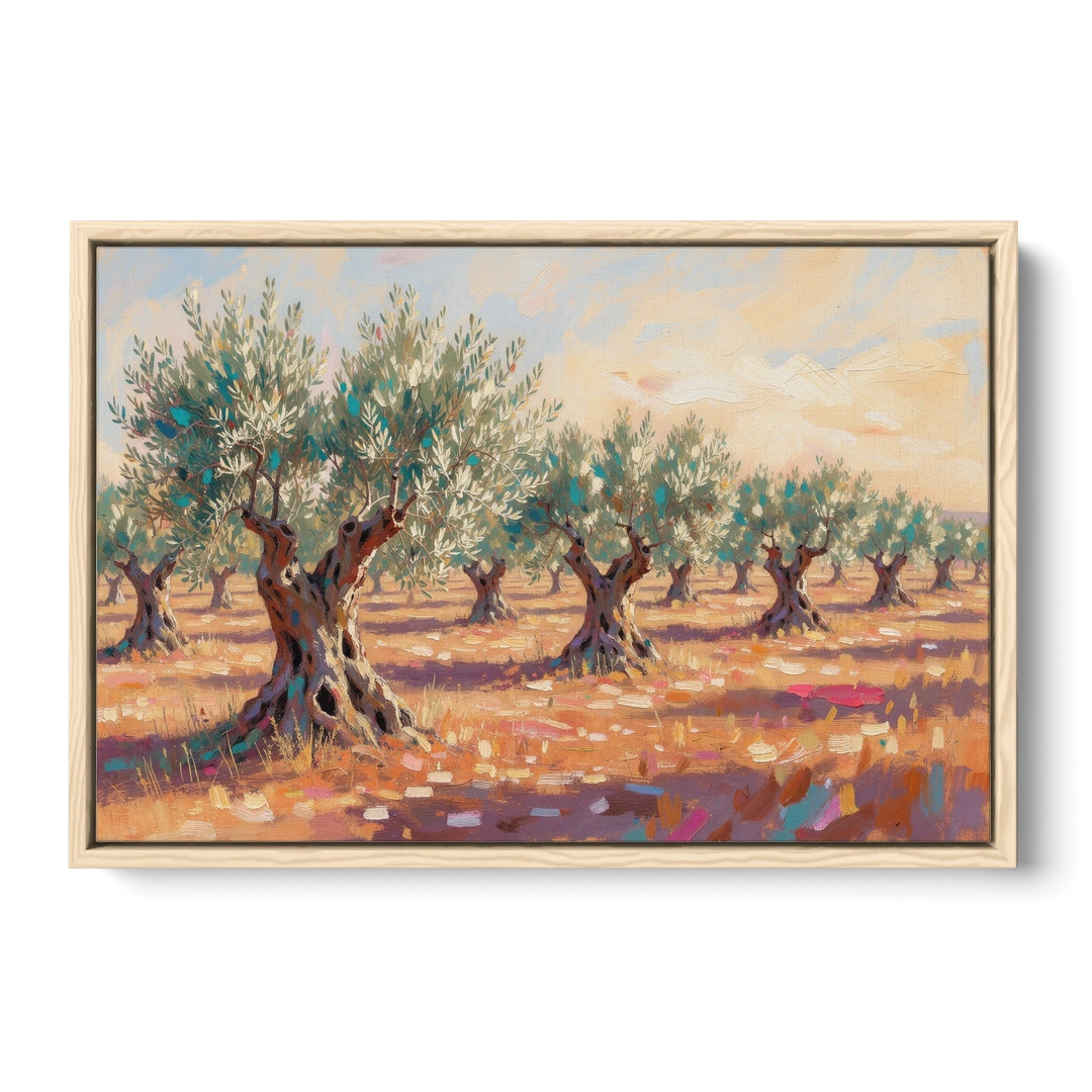 Olive Grove Painting in Late Afternoon - Oak Framed Canvas Wall Art - Front