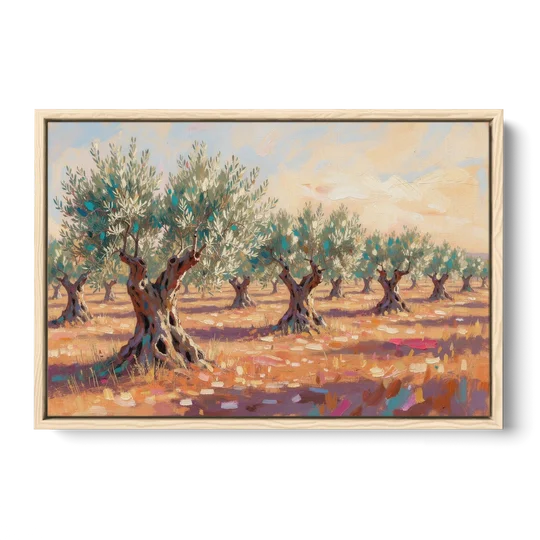 Olive Grove Painting in Late Afternoon - Oak Framed Canvas Wall Art - Front
