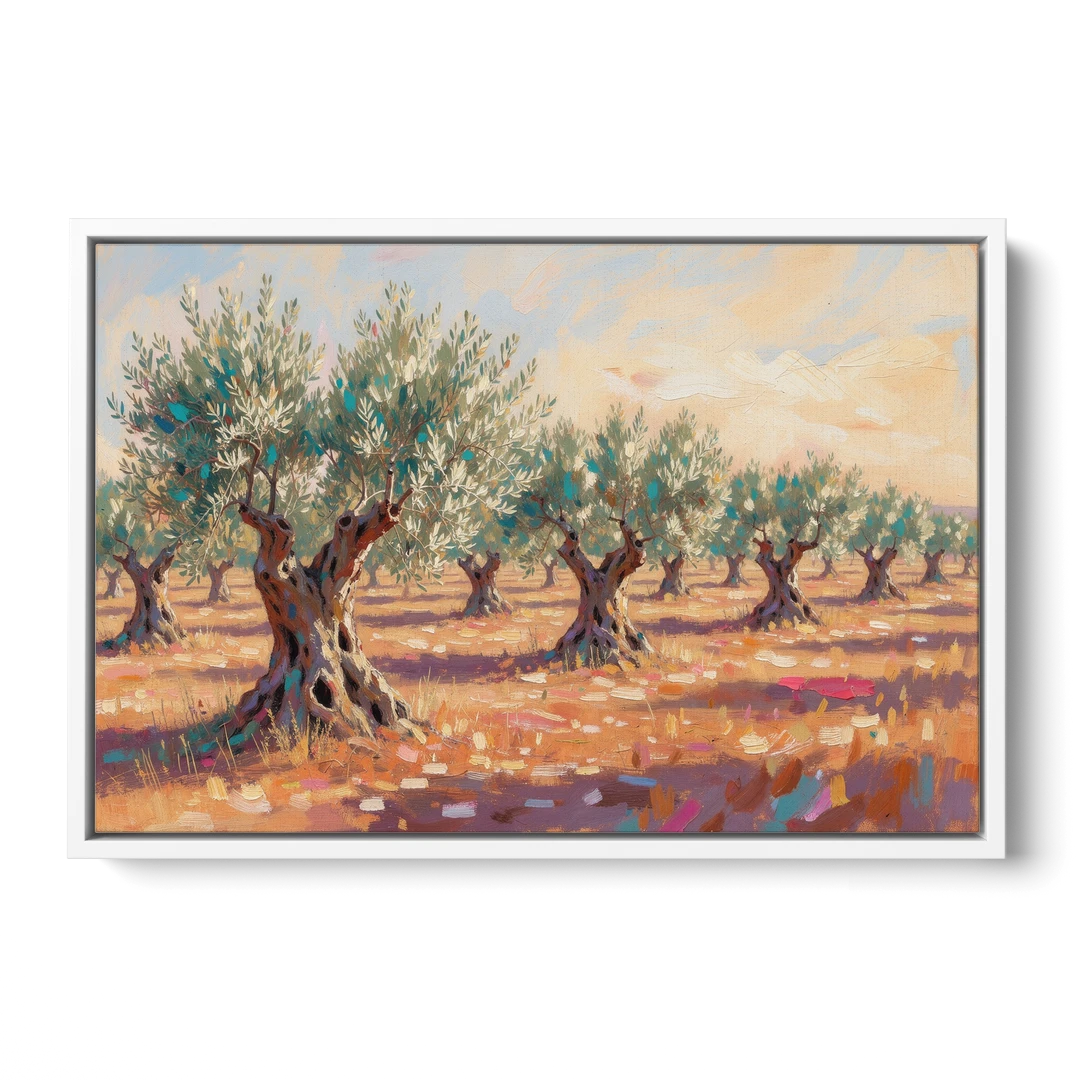Olive Grove Painting in Late Afternoon - White Framed Canvas Wall Art - Front
