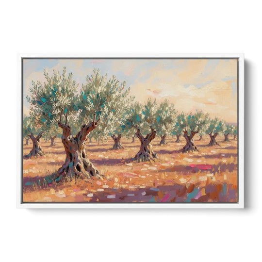 Olive Grove Painting in Late Afternoon - White Framed Canvas Wall Art - Front