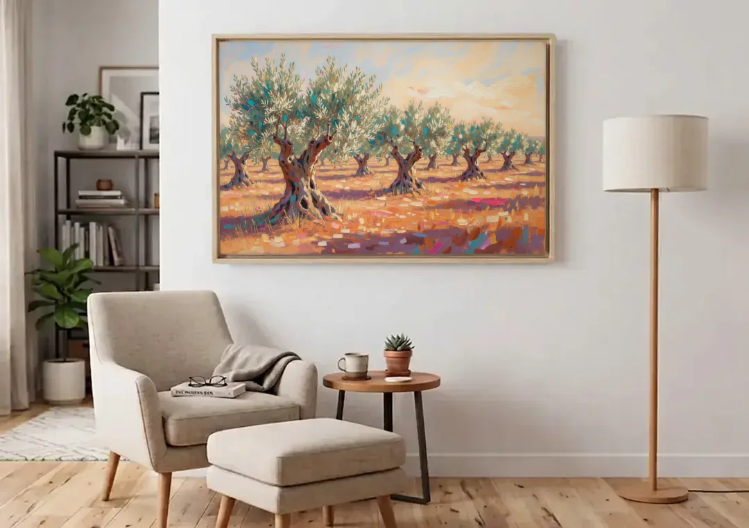 Olive Grove Painting in Late Afternoon canvas wall art above an armchair in a bright living room
