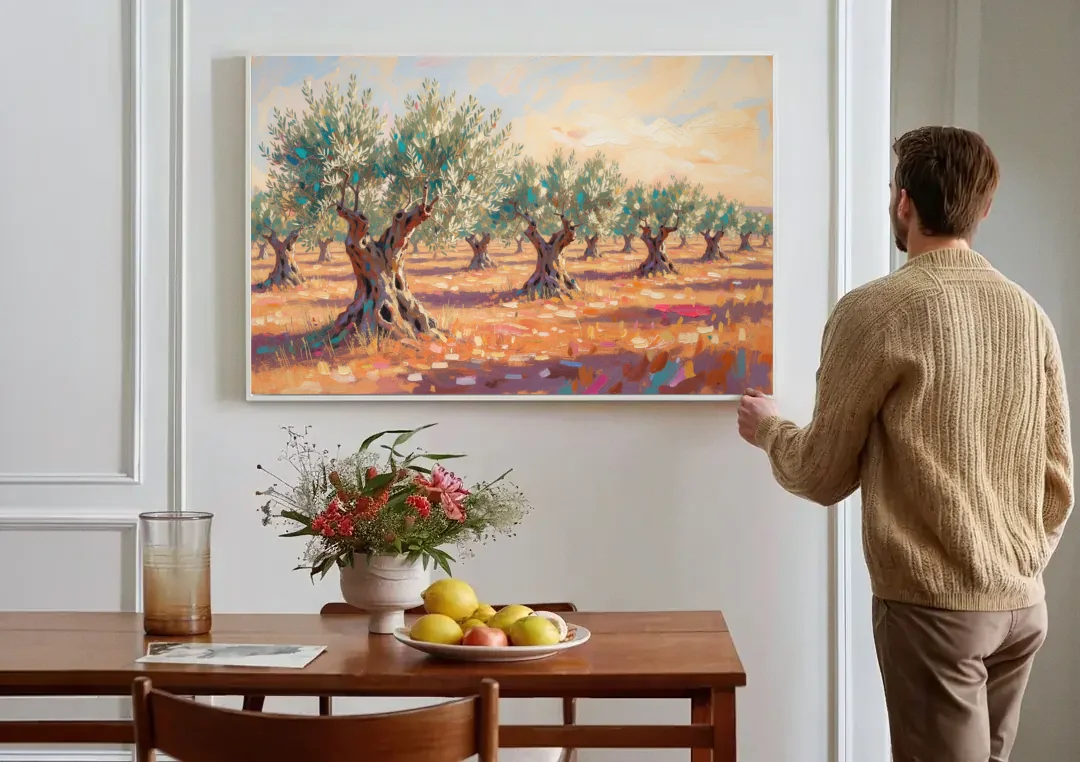 Olive Grove Painting in Late Afternoon canvas wall art above a dining table