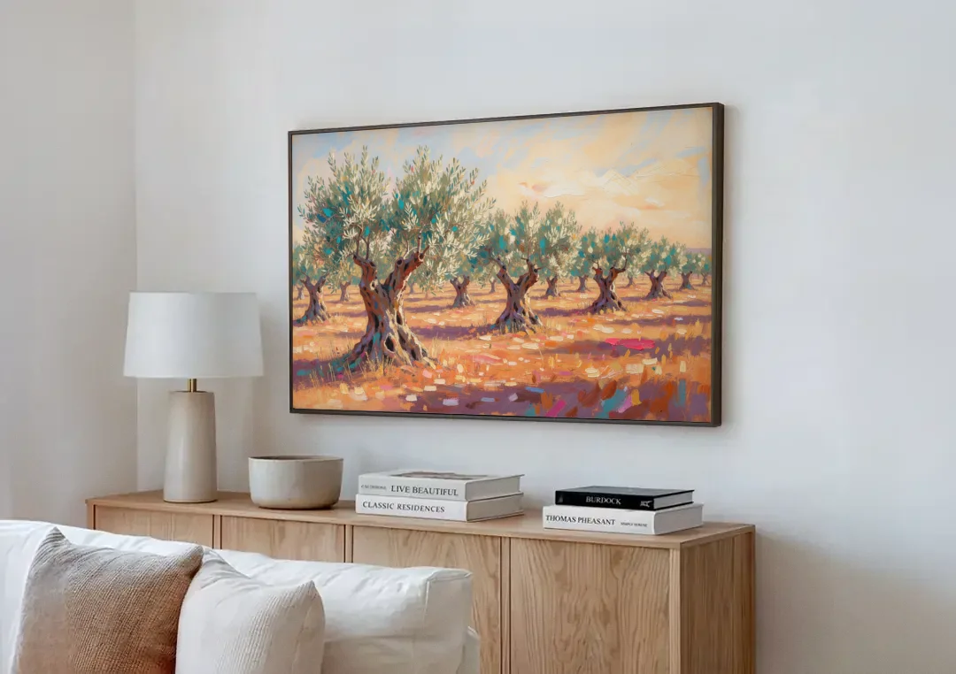 Olive Grove Painting in Late Afternoon canvas wall art above a wooden sideboard next to a sofa
