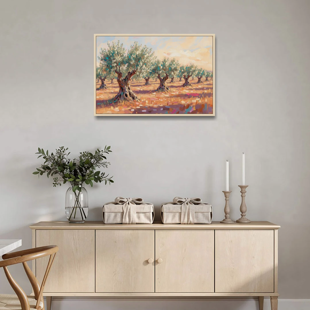 Olive Grove Painting in Late Afternoon - Oak Framed Canvas Wall Art - Coffee Table - 36x24