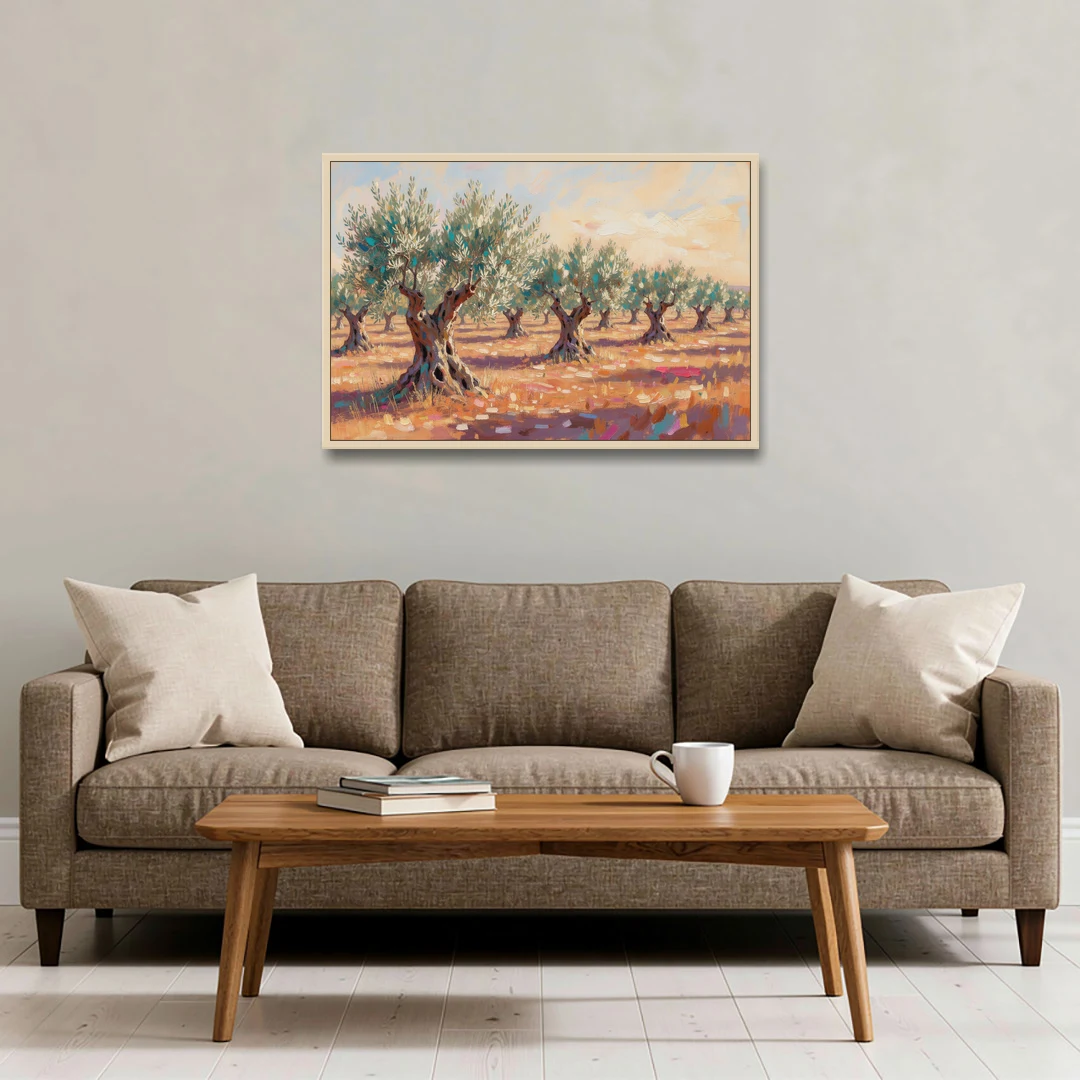 Olive Grove Painting in Late Afternoon - Oak Framed Canvas Wall Art - Sofa - 36x24