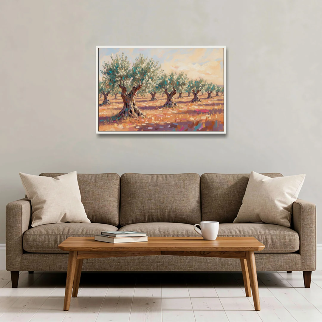 Olive Grove Painting in Late Afternoon - White Framed Canvas Wall Art - Sofa - 36x24