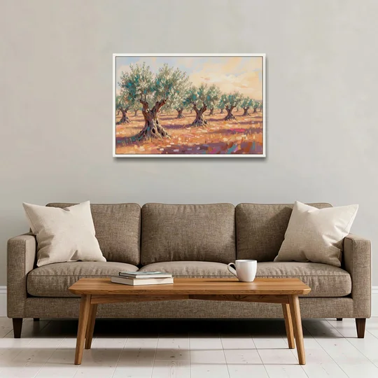Olive Grove Painting in Late Afternoon - White Framed Canvas Wall Art - Sofa - 36x24