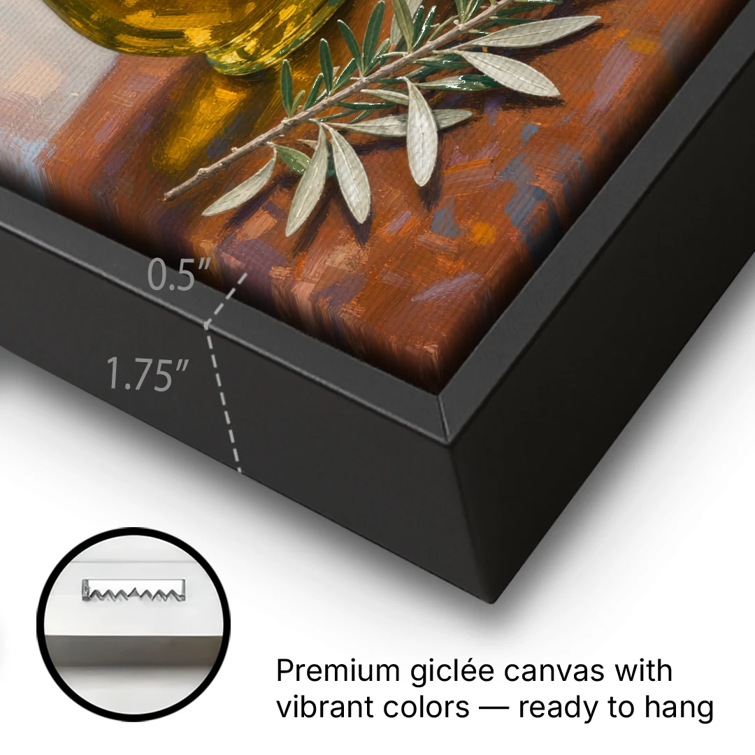 Olive Oil Cruet and Olive Bowl for the Italian Kitchen - Black Framed Canvas Wall Art - Gallery Wrap Corner