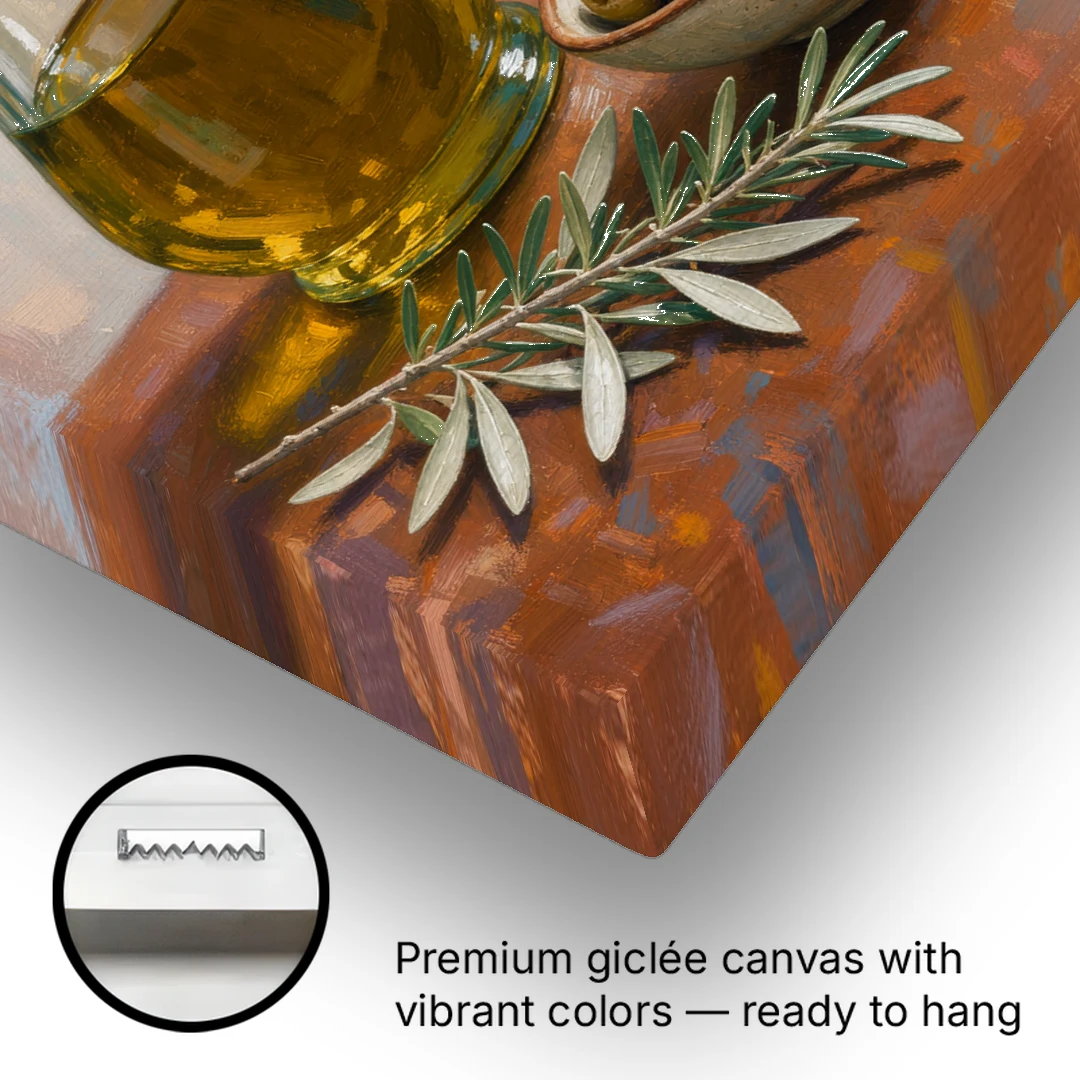 Olive Oil Cruet and Olive Bowl for the Italian Kitchen - Canvas Wall Art - Gallery Wrap Corner
