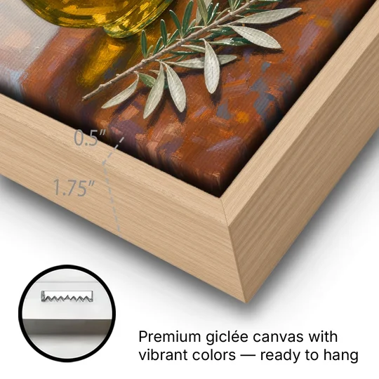 Olive Oil Cruet and Olive Bowl for the Italian Kitchen - Oak Framed Canvas Wall Art - Gallery Wrap Corner