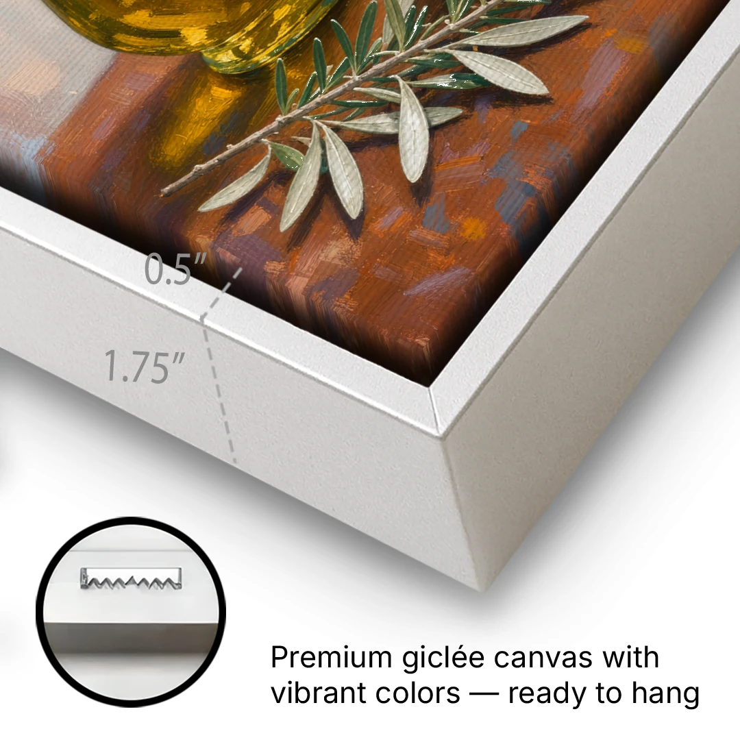 Olive Oil Cruet and Olive Bowl for the Italian Kitchen - White Framed Canvas Wall Art - Gallery Wrap Corner