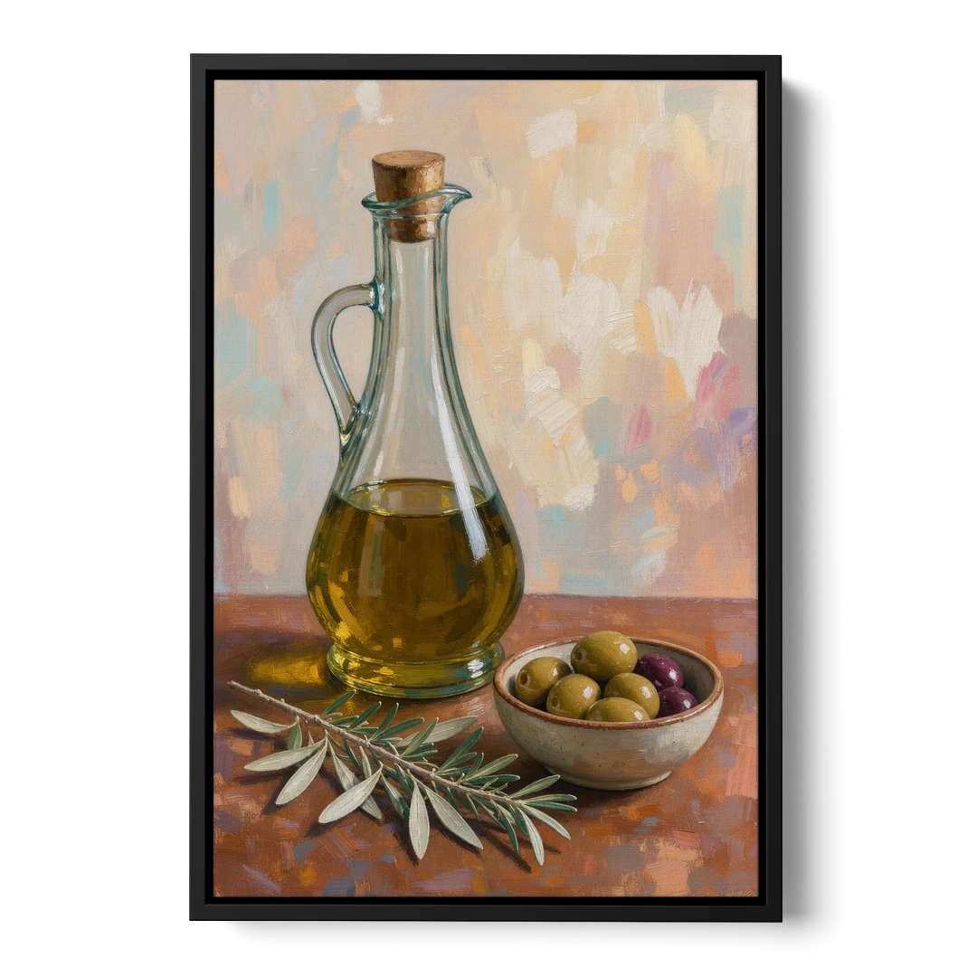 Olive Oil Cruet and Olive Bowl for the Italian Kitchen - Black Framed Canvas Wall Art - Front