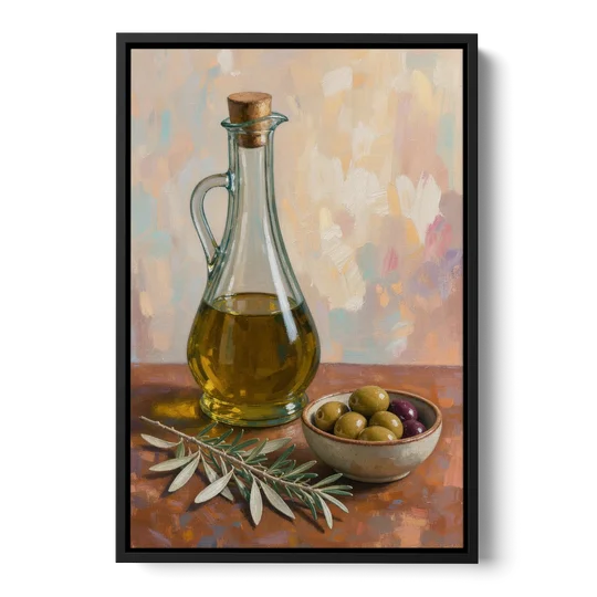 Olive Oil Cruet and Olive Bowl for the Italian Kitchen - Black Framed Canvas Wall Art - Front