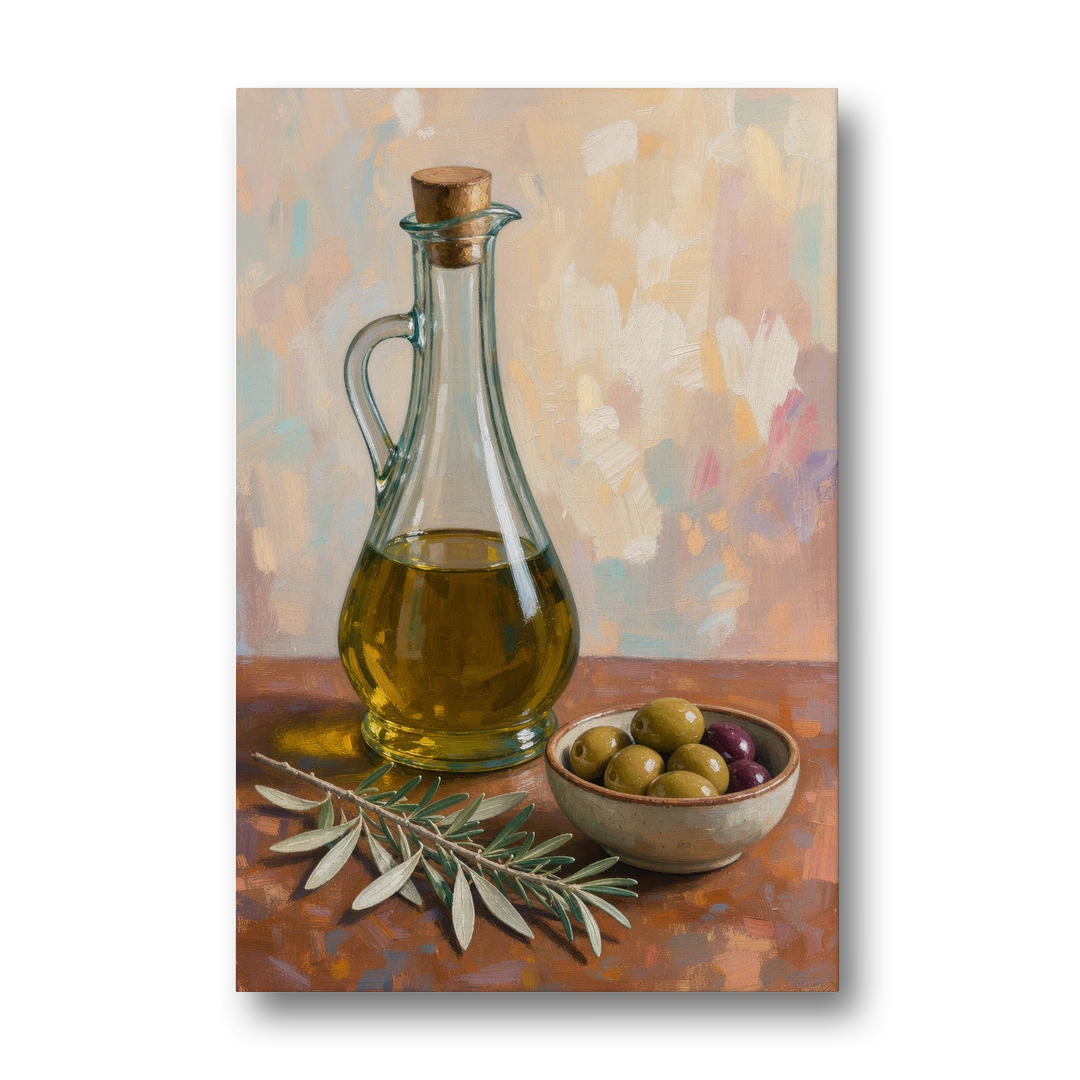 Olive Oil Cruet and Olive Bowl for the Italian Kitchen - Canvas Wall Art - Front