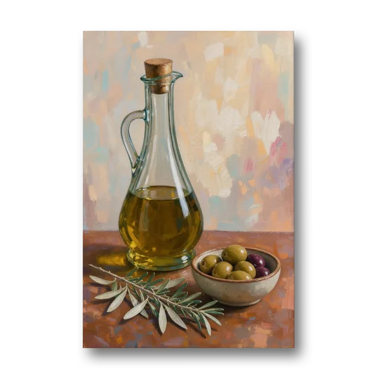Olive Oil Cruet and Olive Bowl for the Italian Kitchen - Canvas Wall Art - Front