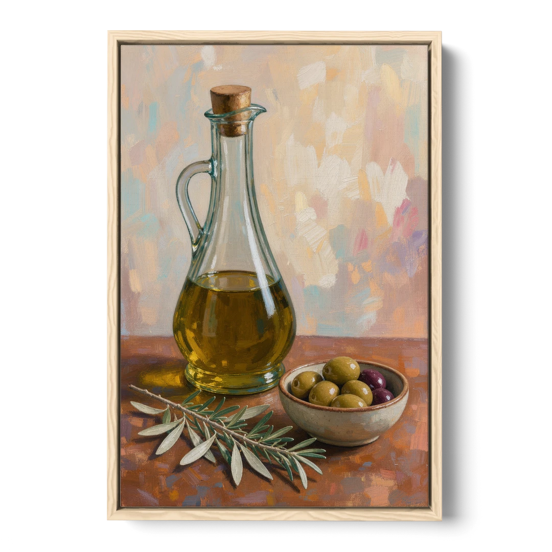 Olive Oil Cruet and Olive Bowl for the Italian Kitchen - Oak Framed Canvas Wall Art - Front