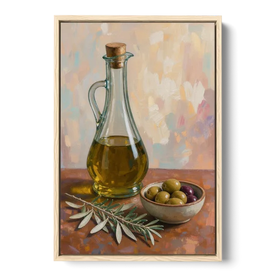 Olive Oil Cruet and Olive Bowl for the Italian Kitchen - Oak Framed Canvas Wall Art - Front
