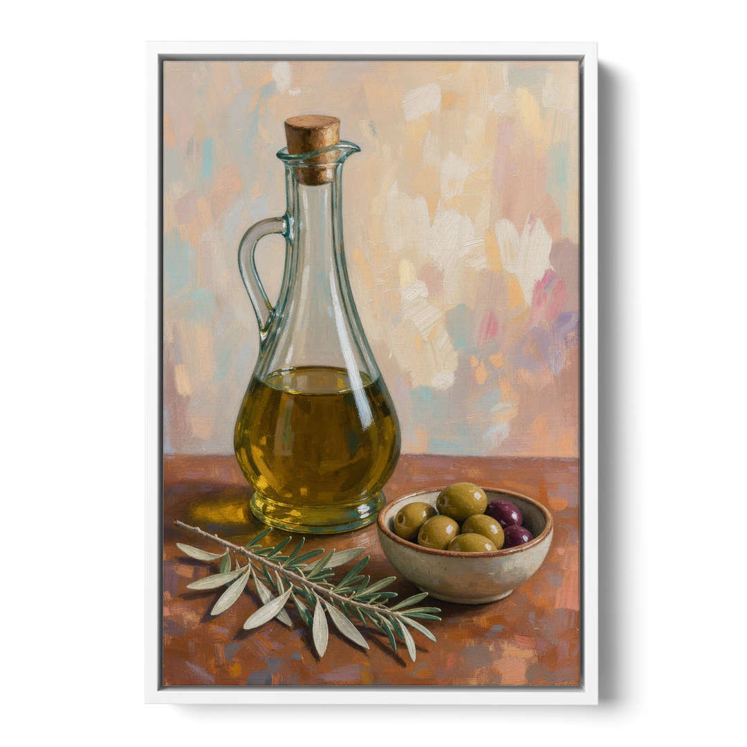 Olive Oil Cruet and Olive Bowl for the Italian Kitchen - White Framed Canvas Wall Art - Front
