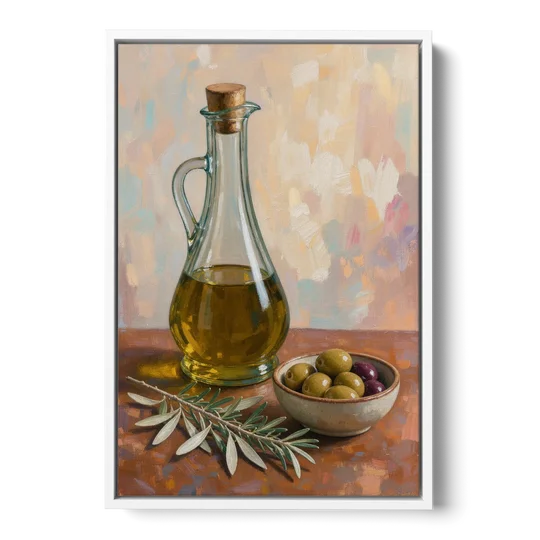 Olive Oil Cruet and Olive Bowl for the Italian Kitchen - White Framed Canvas Wall Art - Front