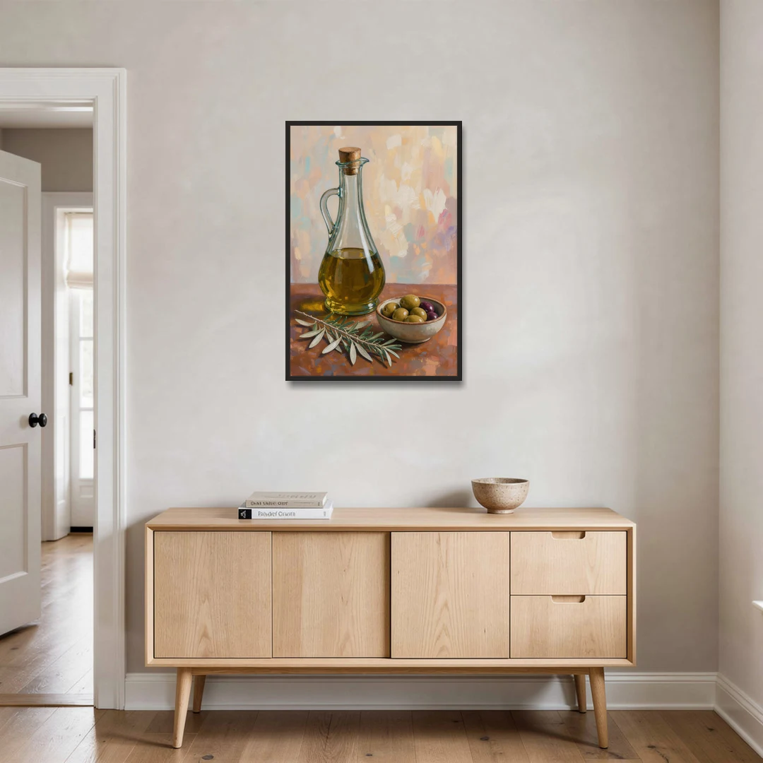 Olive Oil Cruet and Olive Bowl for the Italian Kitchen - Black Framed Canvas Wall Art - Coffee Table - 24x36