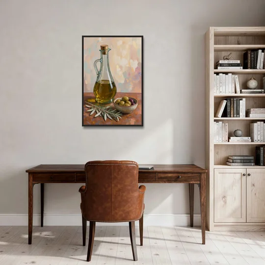 Olive Oil Cruet and Olive Bowl for the Italian Kitchen - Black Framed Canvas Wall Art - Office - 24x36