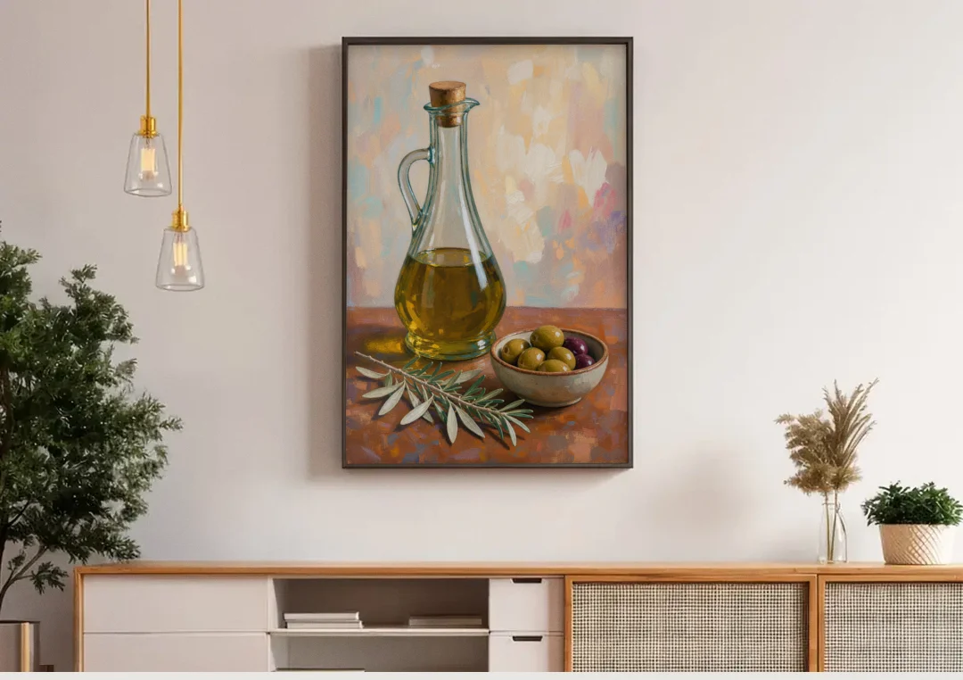 Olive Oil Cruet and Olive Bowl for the Italian Kitchen canvas wall art above a wooden sideboard under pendant lights