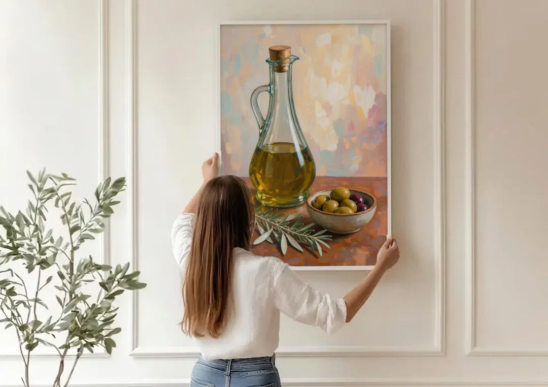 Olive Oil Cruet and Olive Bowl for the Italian Kitchen canvas wall art being hung on a paneled wall