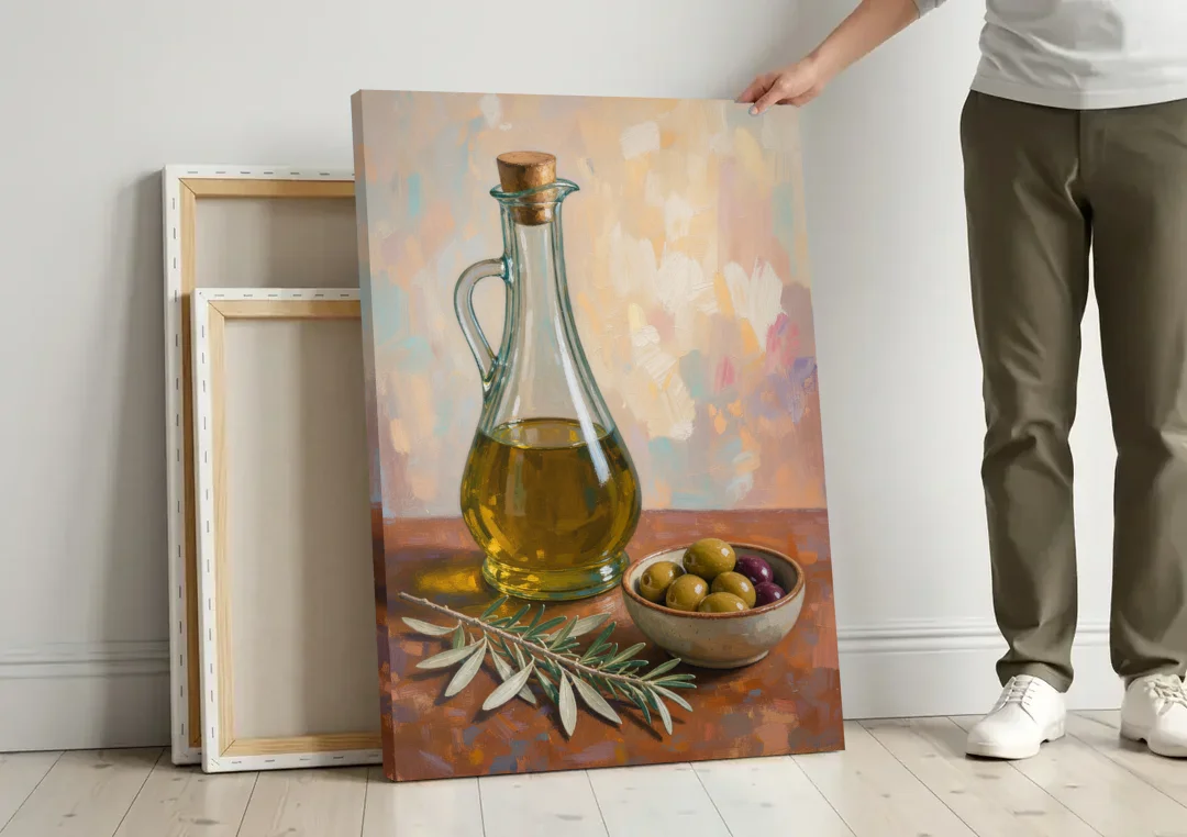 Olive Oil Cruet and Olive Bowl for the Italian Kitchen canvas wall art leaning against a wall next to blank canvases