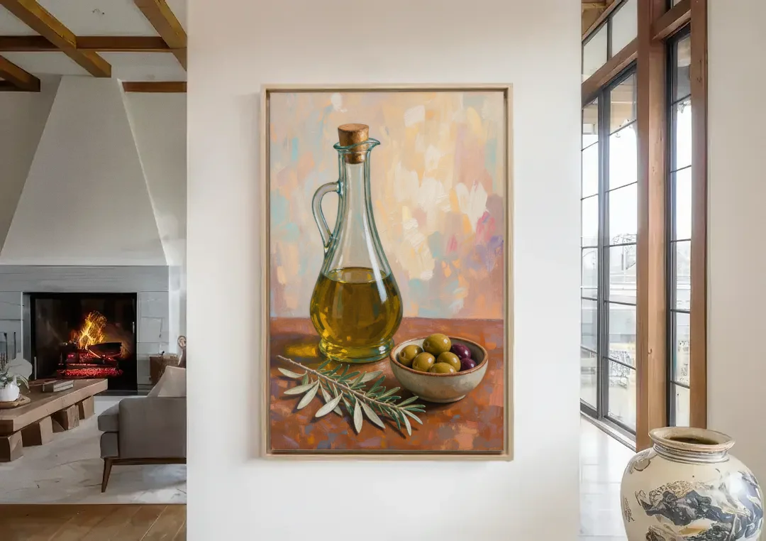 Olive Oil Cruet and Olive Bowl for the Italian Kitchen canvas wall art in a living room with a fireplace