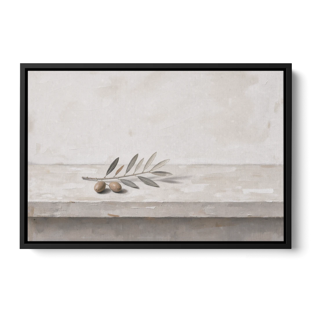 Olive Sprig on a Whitewashed Plaster Ledge - Black Framed Canvas Wall Art - Front