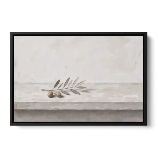 Olive Sprig on a Whitewashed Plaster Ledge - Black Framed Canvas Wall Art - Front
