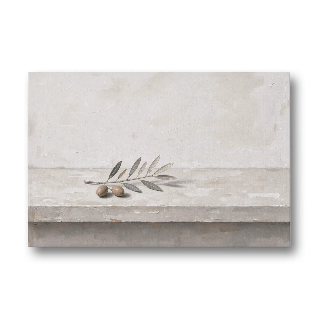 Olive Sprig on a Whitewashed Plaster Ledge - Canvas Wall Art - Front