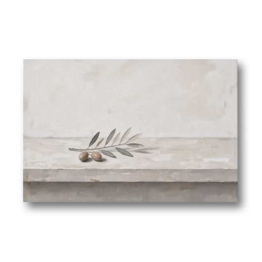 Olive Sprig on a Whitewashed Plaster Ledge - Canvas Wall Art - Front