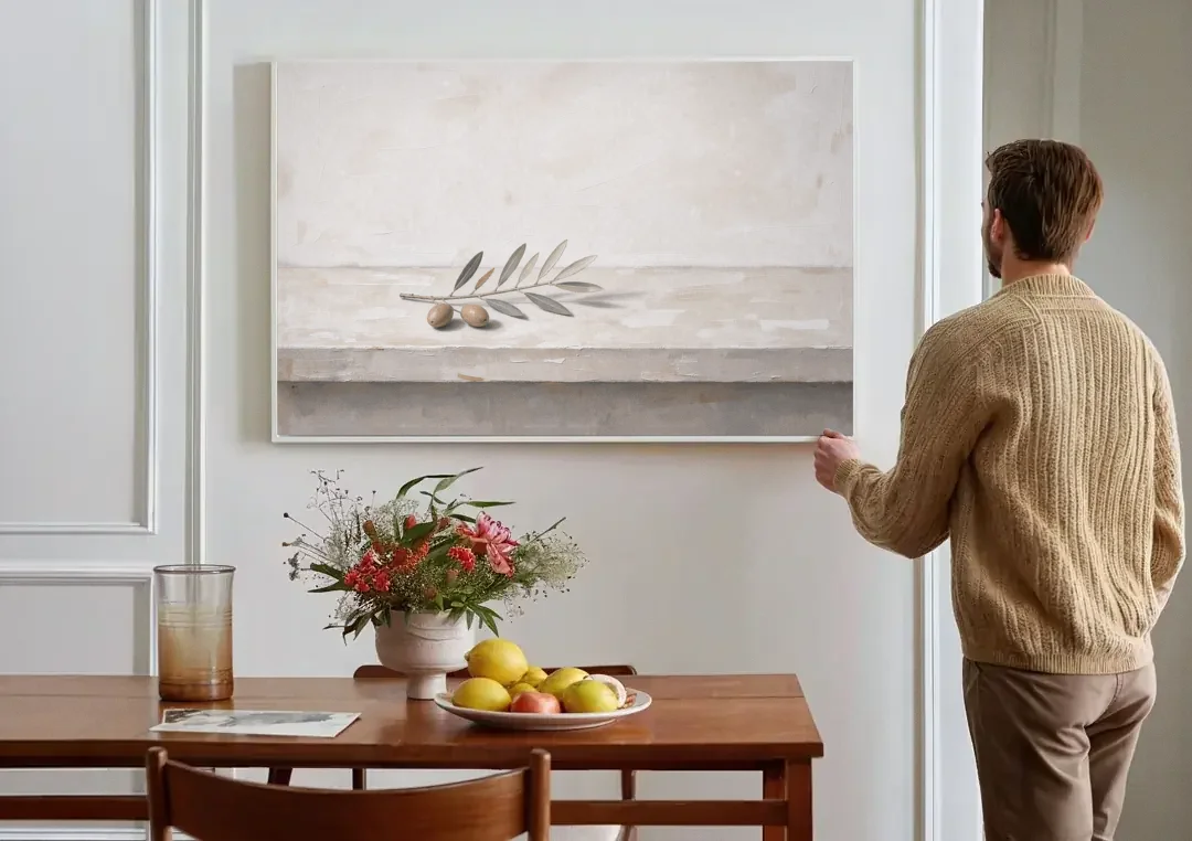 Olive Sprig on a Whitewashed Plaster Ledge canvas wall art above a dining table