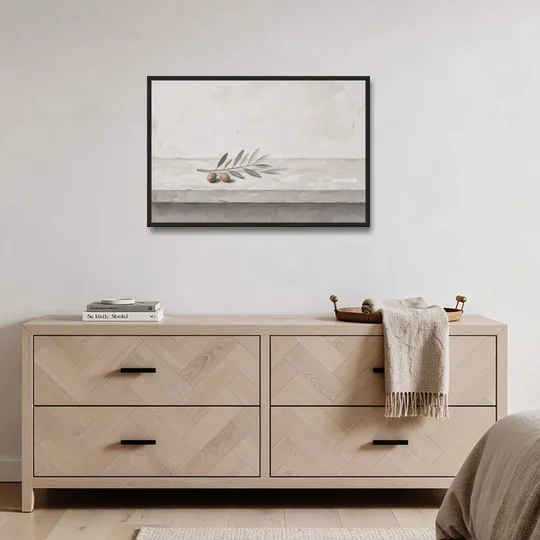 Olive Sprig on a Whitewashed Plaster Ledge - Black Framed Canvas Wall Art - Coffee Table - 36x24